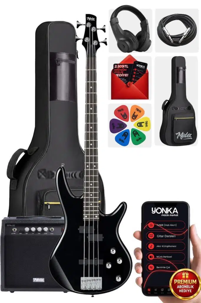 Midex MBG-400BK-20AMP 4 Telli Bas Gitar ve 20W Amfi Gigbag Kulaklık Full Set
