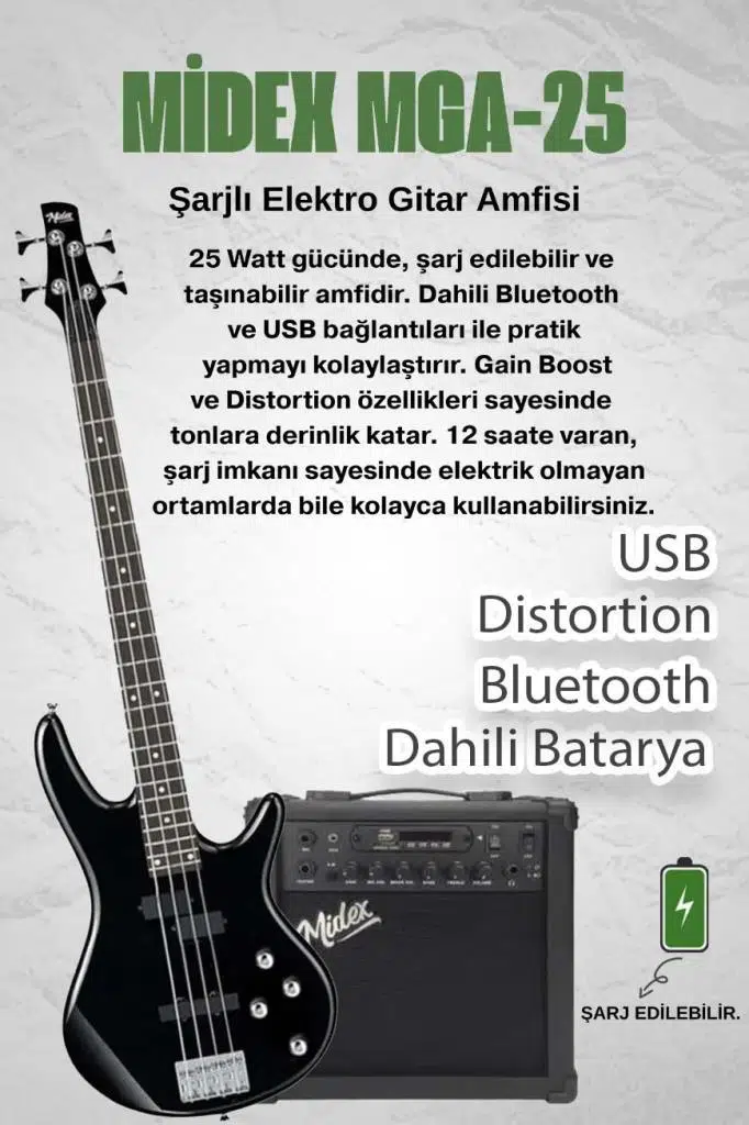 Midex MBG-400BK-25AMP 4 Telli Bas Gitar ve 25W Amfi Gigbag Kulaklık Set