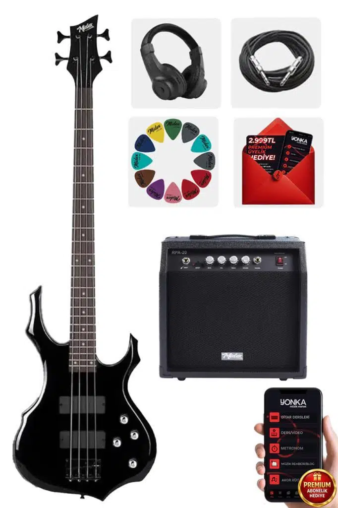 Midex MBG-410BK-20AMP 4 Telli Bas Gitar ve 20W Amfi Gigbag Kulaklık Set