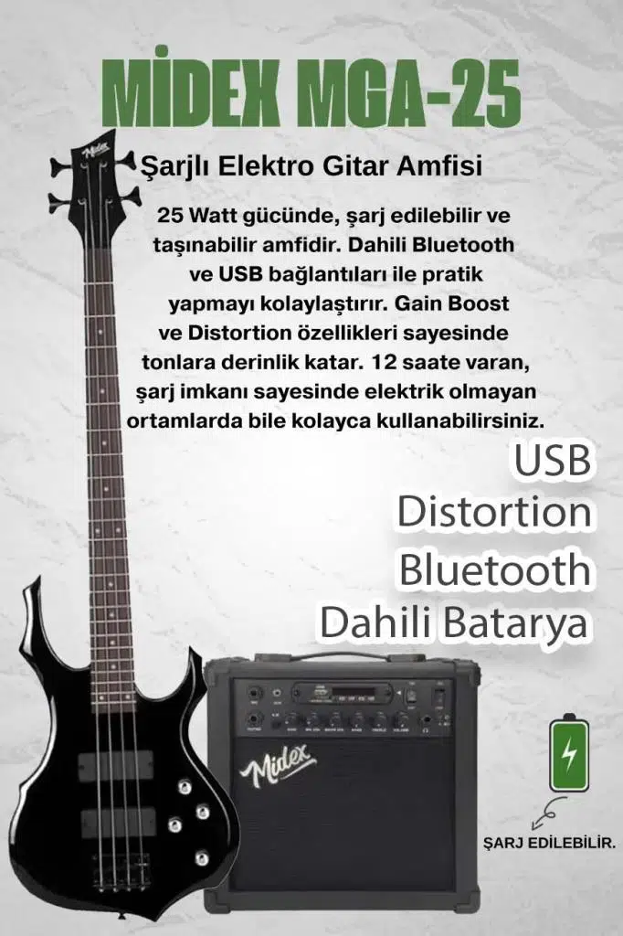 Midex MBG-410BK-25AMP 4 Telli Bas Gitar ve 25W Amfi Gigbag Kulaklık Set