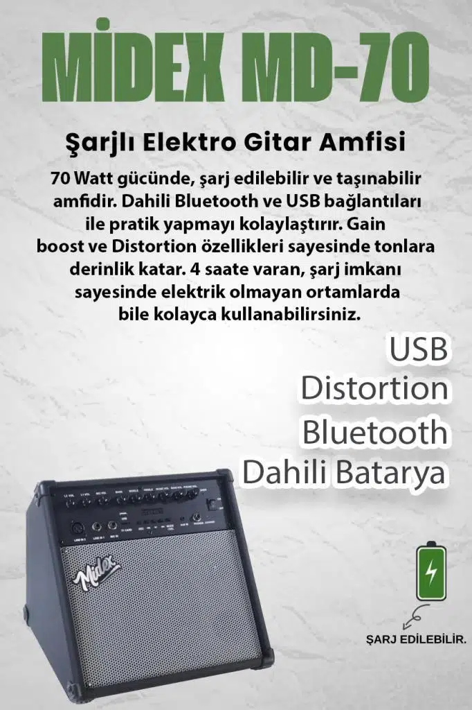 Midex MD-70 Dijital Davul Elektronik Bateri Amfisi Şarjlı 70W Bluetooth USB Aux