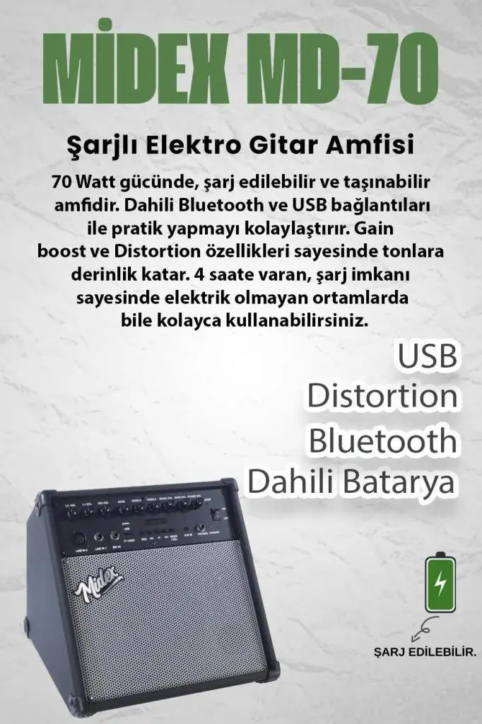 Midex MD-70 Dijital Davul Elektronik Bateri Amfisi Şarjlı 70W Bluetooth USB Aux