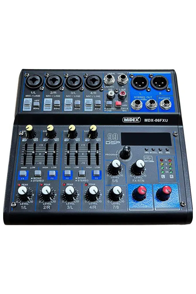 Midex MDX-06FXU Ses Mikseri Stüdyo Kayıt İçin 6 Kanal Ses Kartlı 99 DSP Efektli (+48V-USB-Bluetooth) Midex MDX-06FXU Ses Mikseri Stüdyo Kayıt İçin 6 Kanal Ses Kartlı 99 DSP Efektli (+48V-USB-Bluetooth)
