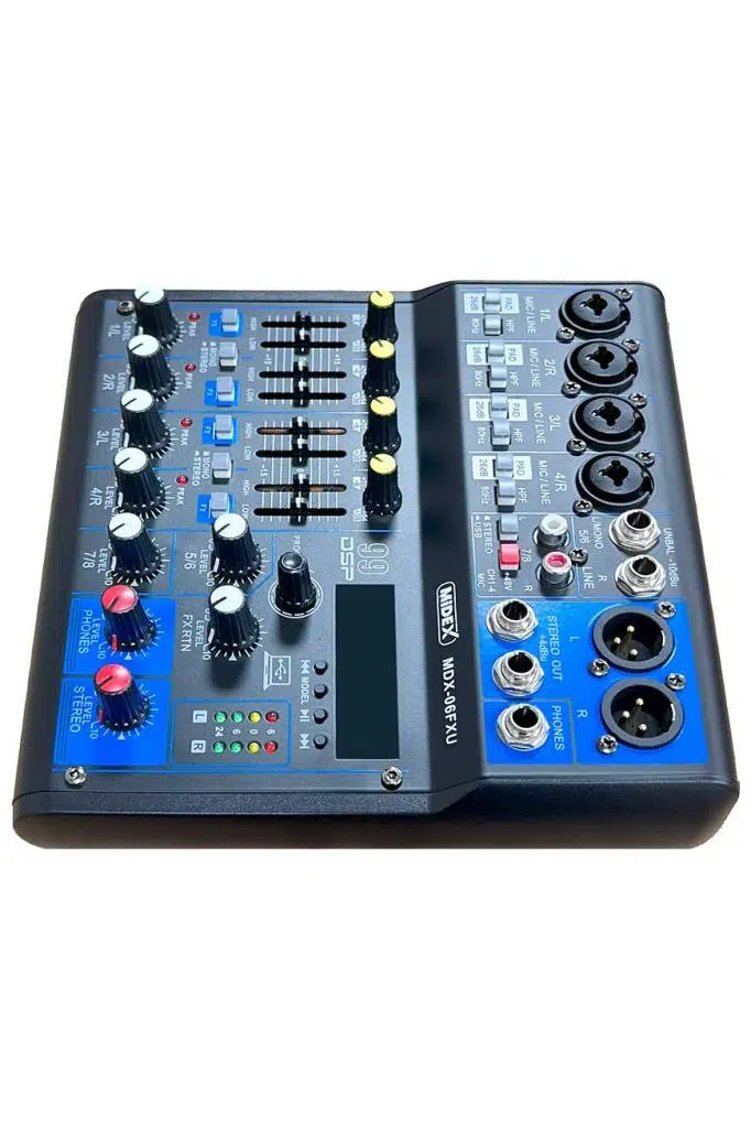 Midex MDX-06FXU Ses Mikseri Stüdyo Kayıt İçin 6 Kanal Ses Kartlı 99 DSP Efektli (+48V-USB-Bluetooth) Midex MDX-06FXU Ses Mikseri Stüdyo Kayıt İçin 6 Kanal Ses Kartlı 99 DSP Efektli (+48V-USB-Bluetooth)