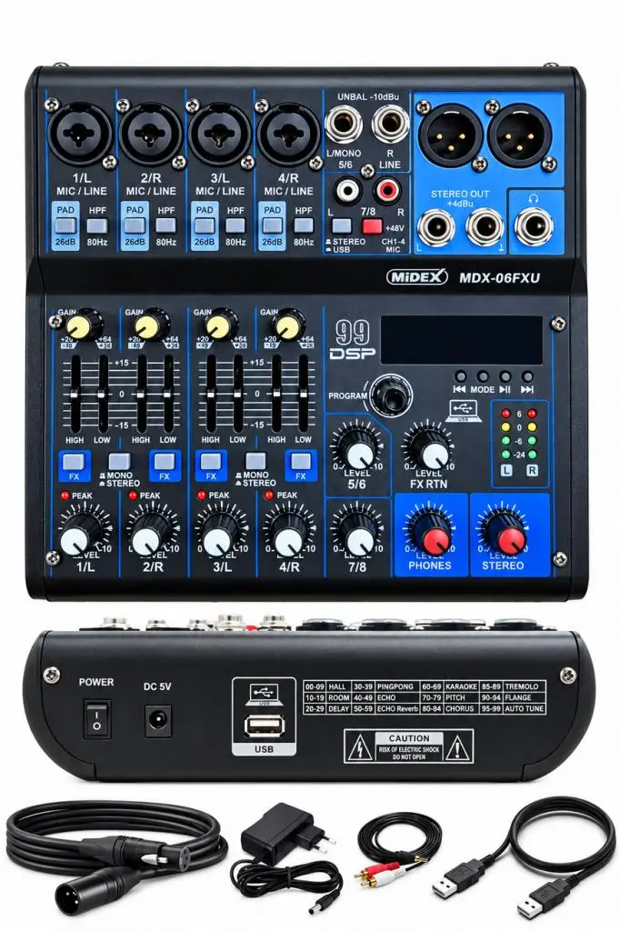 Midex MDX-06FXU Ses Mikseri Stüdyo Kayıt İçin 6 Kanal Ses Kartlı 99 DSP Efektli (+48V-USB-Bluetooth)