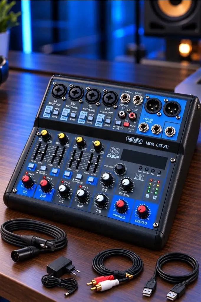 Midex MDX-06FXU Ses Mikseri Stüdyo Kayıt İçin 6 Kanal Ses Kartlı 99 DSP Efektli (+48V-USB-Bluetooth)