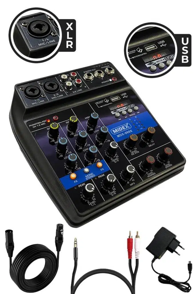 Midex MDX-999X Stüdyo Kayıt İçin Ses Kartlı +48V Phantomlu Kayıt Mikseri ( XLR Kablo + Rca Hediye) Midex MDX-999X Stüdyo Kayıt İçin Ses Kartlı +48V Phantomlu Kayıt Mikseri ( XLR Kablo + Rca Hediye)