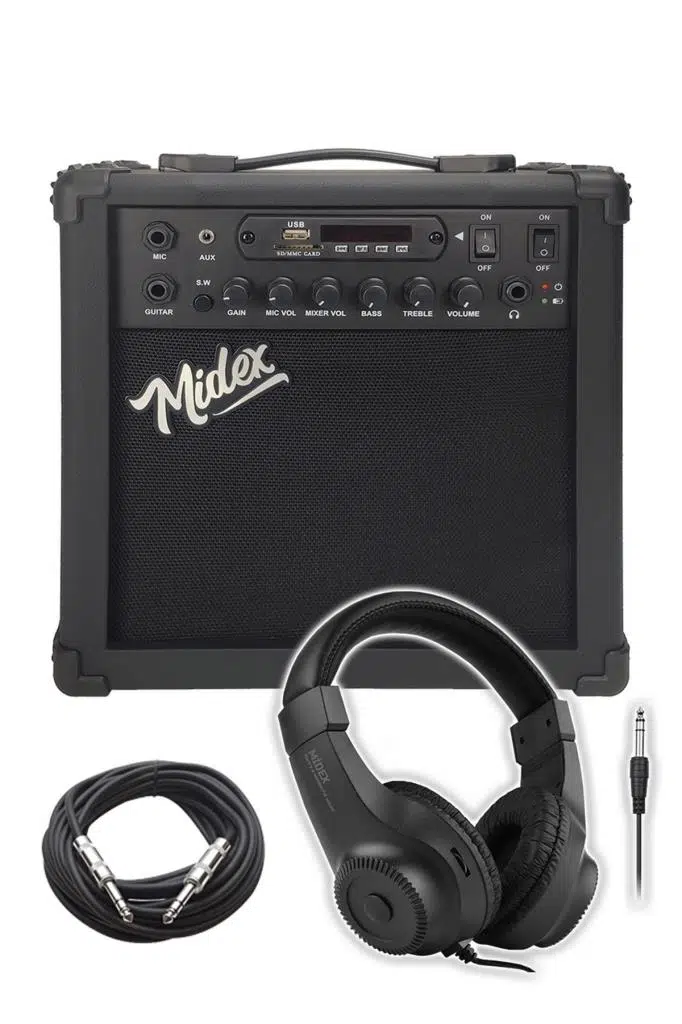 Midex MGA-25BK-HD ŞARJLI Elektro Gitar Amfisi 25 Watt USB Bluetooth Distortion Kulaklık ve Kablo Midex MGA-25BK-HD ŞARJLI Elektro Gitar Amfisi 25 Watt USB Bluetooth Distortion Kulaklık ve Kablo
