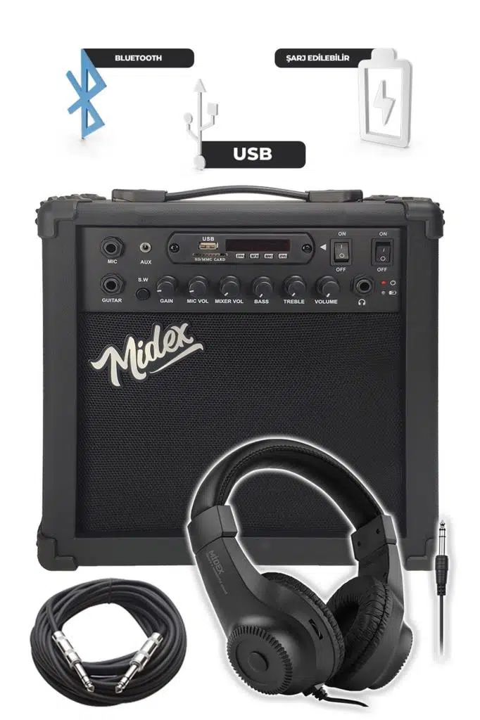 Midex MGA-25BK-HD ŞARJLI Elektro Gitar Amfisi 25 Watt USB Bluetooth Distortion Kulaklık ve Kablo Midex MGA-25BK-HD ŞARJLI Elektro Gitar Amfisi 25 Watt USB Bluetooth Distortion Kulaklık ve Kablo
