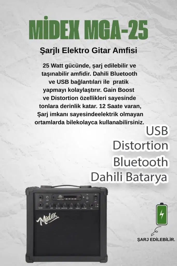 Midex MGA-25BK-PAK Elektro Gitar Amfisi 25 Watt USB Bluetooth ve Şarjlı (Amfi Mikrofon Stand Kulaklık Jack Kablo)