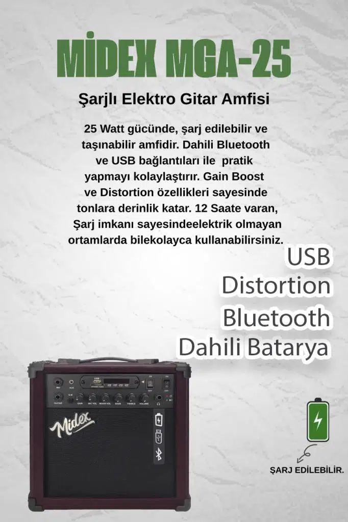 Midex MGA-25BN-HD Elektro Gitar Amfisi 25 Watt USB Bluetooth ve Şarjlı (Amfi Kulaklık ve Jack Kablo)