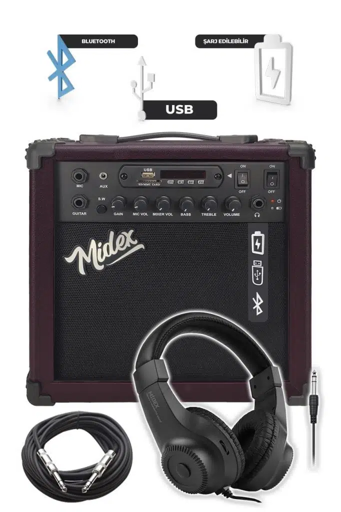 Midex MGA-25BN-HD Elektro Gitar Amfisi 25 Watt USB Bluetooth ve Şarjlı (Amfi Kulaklık ve Jack Kablo)