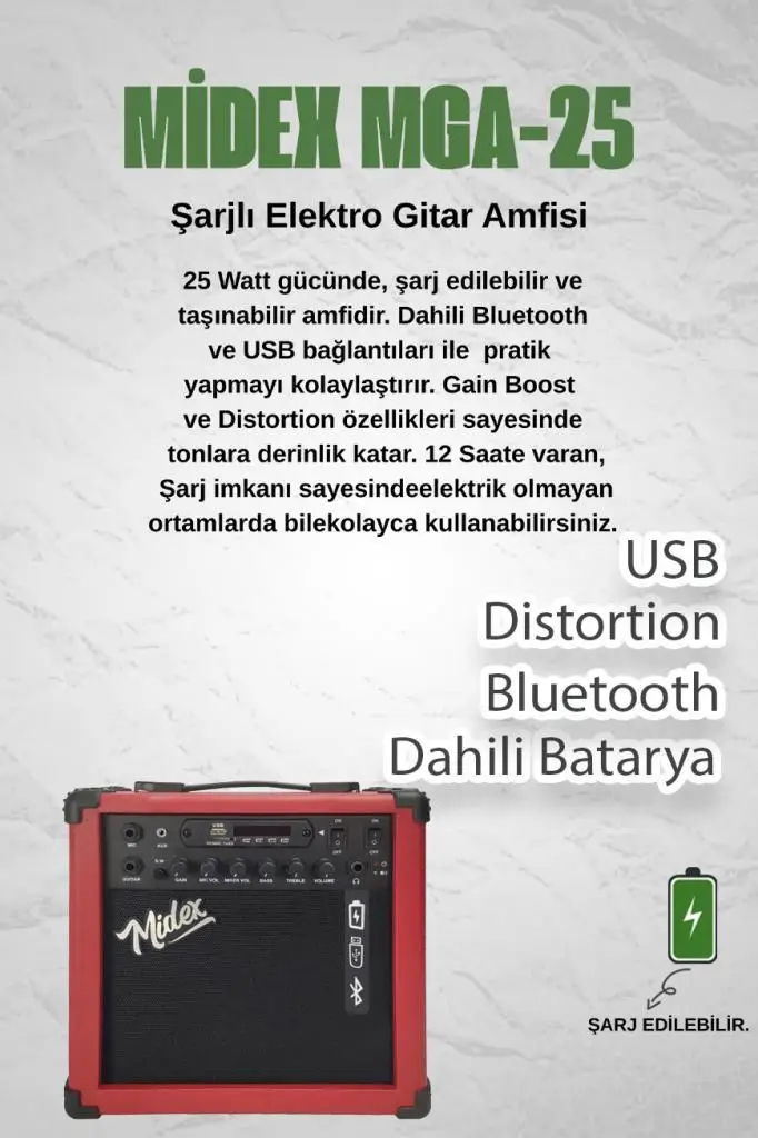 Midex MGA-25RD Elektro Gitar Amfisi 25 Watt USB Bluetooth Şarjlı 2 girişli