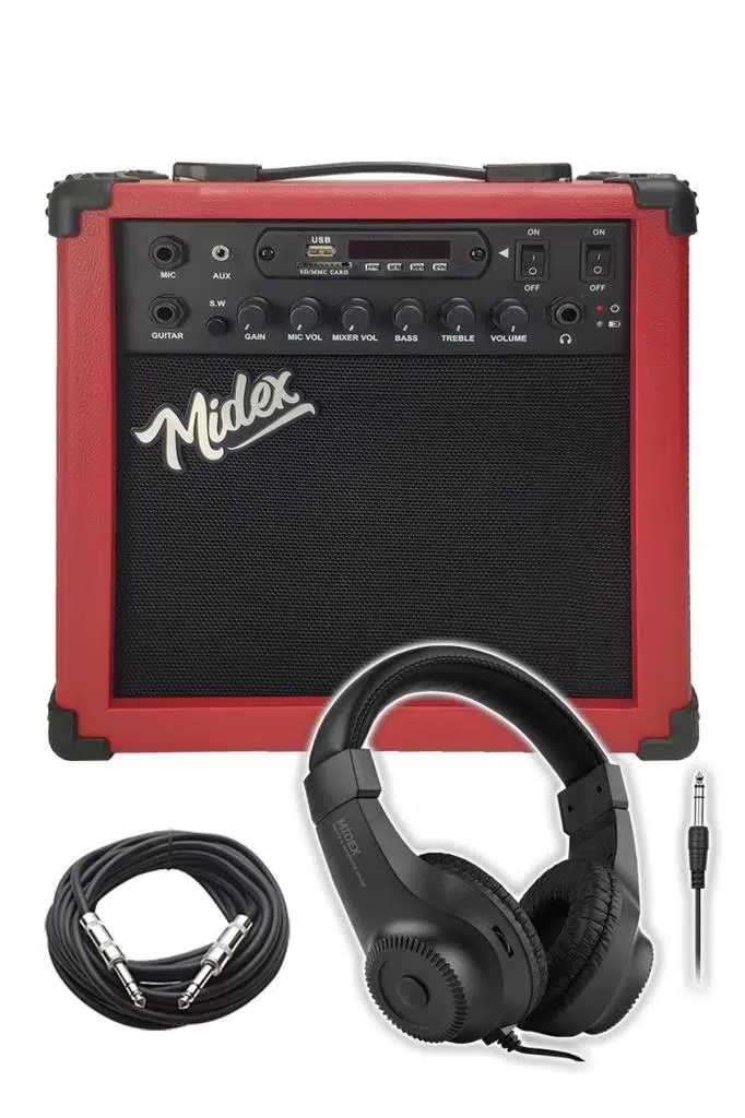 Midex MGA-25RD-HD ŞARJLI Elektro Gitar Amfisi 25 Watt USB Bluetooth Distortion Kulaklık ve Kablo Midex MGA-25RD-HD ŞARJLI Elektro Gitar Amfisi 25 Watt USB Bluetooth Distortion Kulaklık ve Kablo