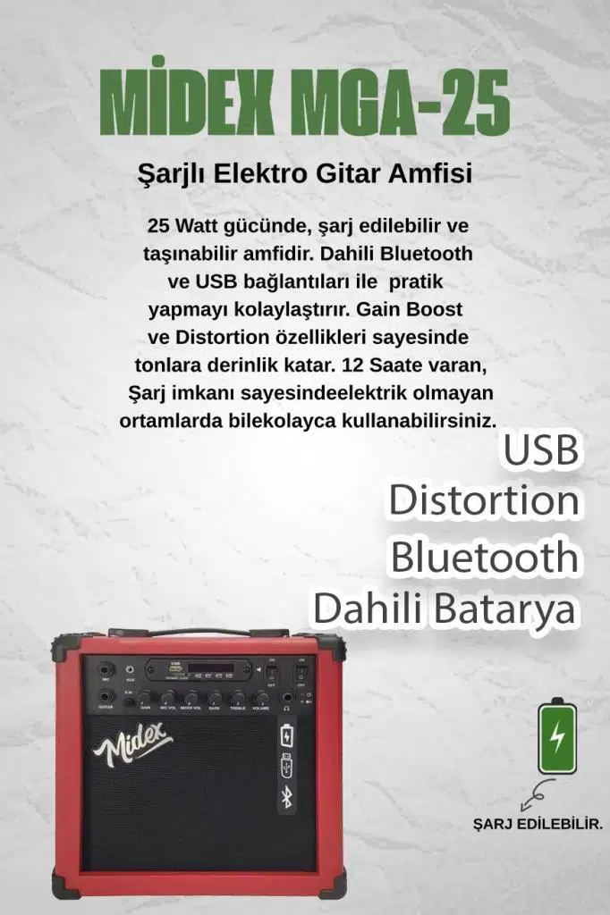 Midex MGA-25RD-HD ŞARJLI Elektro Gitar Amfisi 25 Watt USB Bluetooth Distortion Kulaklık ve Kablo Midex MGA-25RD-HD ŞARJLI Elektro Gitar Amfisi 25 Watt USB Bluetooth Distortion Kulaklık ve Kablo