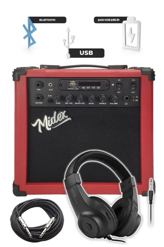 Midex MGA-25RD-PAK Elektro Gitar Amfisi 25 Watt USB Bluetooth ve Şarjlı (Amfi Mikrofon Stand Kulaklık Jack Kablo)
