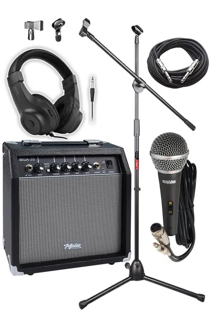 Midex MGA-35BK-PAK Elektro Gitar Amfisi Seti 35 Watt Gain Özellikli (Amfi Mikrofon Stand Kulaklık Jack Kablo)