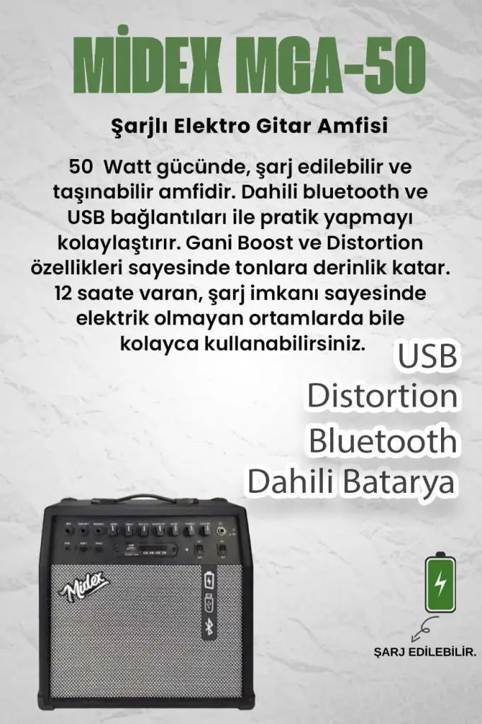 Midex MGA-50BK Elektro Gitar Amfisi 50 Watt USB Bluetooth Şarjlı 4 girişli