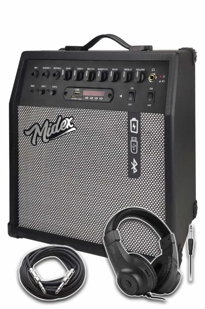 Midex MGA-50BK-HD Elektro Gitar Amfisi 50 Watt USB Bluetooth Şarjlı 4 girişli (Kulaklık ve Kablo Dahil)