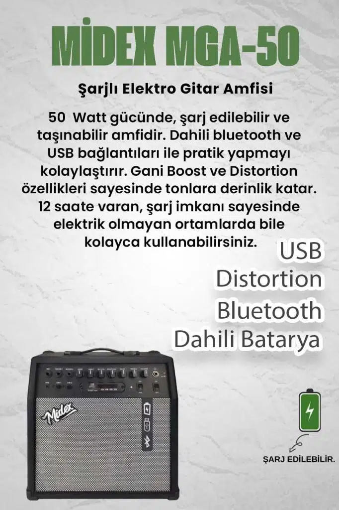 Midex MGA-50BK-HD Elektro Gitar Amfisi 50 Watt USB Bluetooth Şarjlı 4 girişli (Kulaklık ve Kablo Dahil)