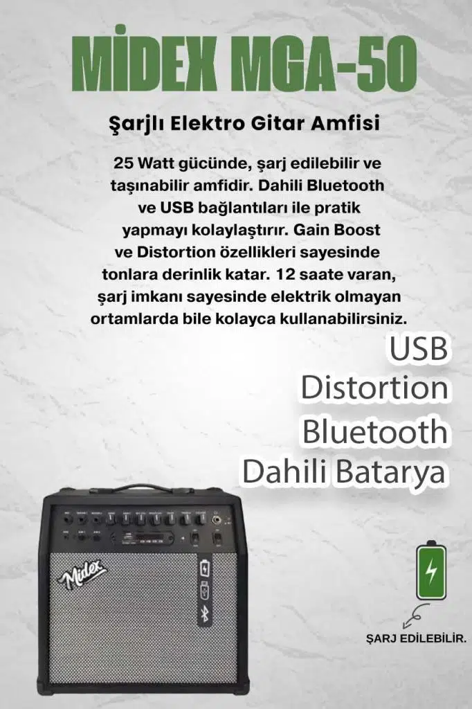 Midex MGA-50BK-PAK Elektro Gitar Amfisi 50 Watt USB Bluetooth Şarjlı 4 girişli (Mikrofon Kulaklık Stand Kablo)