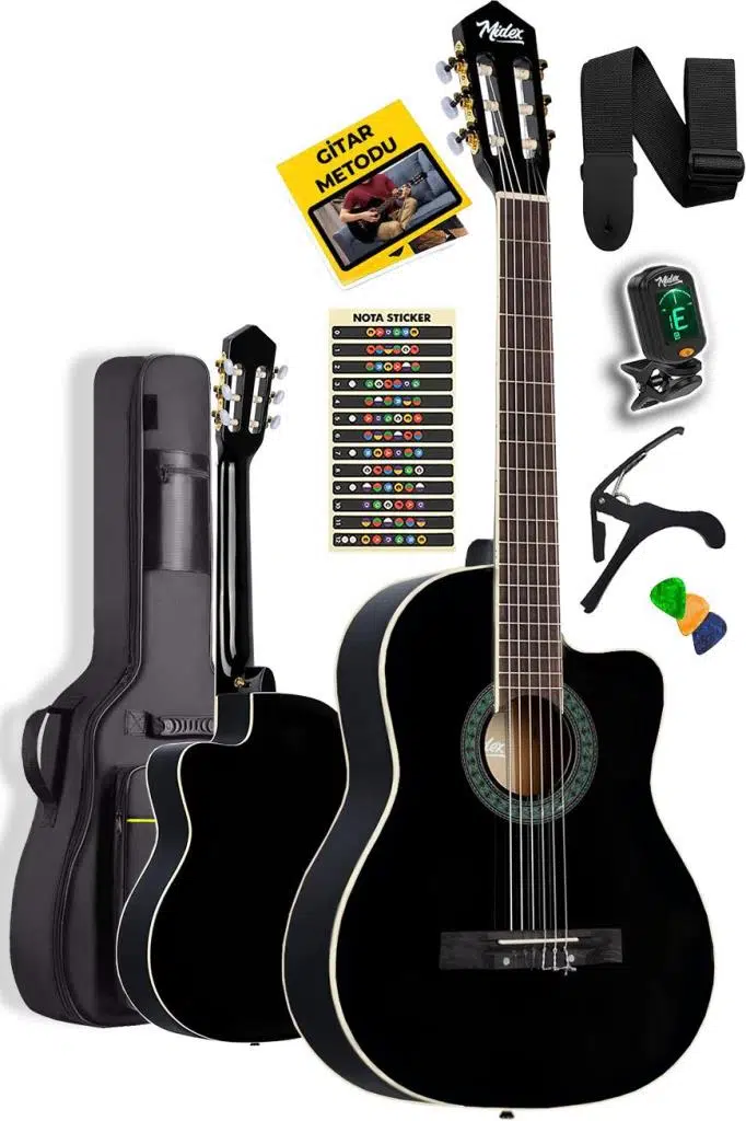 Midex MGX-100BK-BAG Üst Seviye Klasik Gitar 4/4 Sap Ayarlı Gül Klavye (Tuner Çanta Askı Capo Metod Pena) Midex MGX-100BK-BAG Üst Seviye Klasik Gitar 4/4 Sap Ayarlı Gül Klavye (Tuner Çanta Askı Capo Metod Pena)