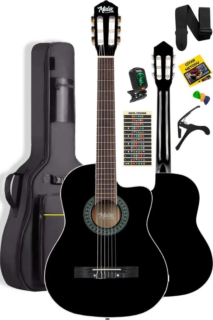 Midex MGX-100BK-BAG Üst Seviye Klasik Gitar 4/4 Sap Ayarlı Gül Klavye (Tuner Çanta Askı Capo Metod Pena) Midex MGX-100BK-BAG Üst Seviye Klasik Gitar 4/4 Sap Ayarlı Gül Klavye (Tuner Çanta Askı Capo Metod Pena)