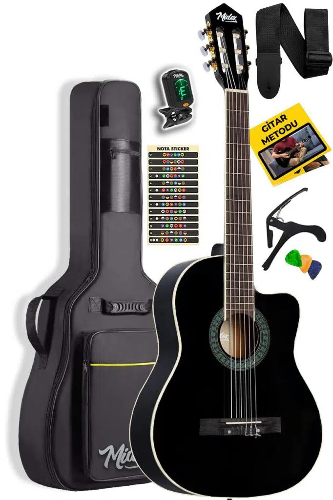 Midex MGX-100BK-BAG Üst Seviye Klasik Gitar 4/4 Sap Ayarlı Gül Klavye (Tuner Çanta Askı Capo Metod Pena) Midex MGX-100BK-BAG Üst Seviye Klasik Gitar 4/4 Sap Ayarlı Gül Klavye (Tuner Çanta Askı Capo Metod Pena)