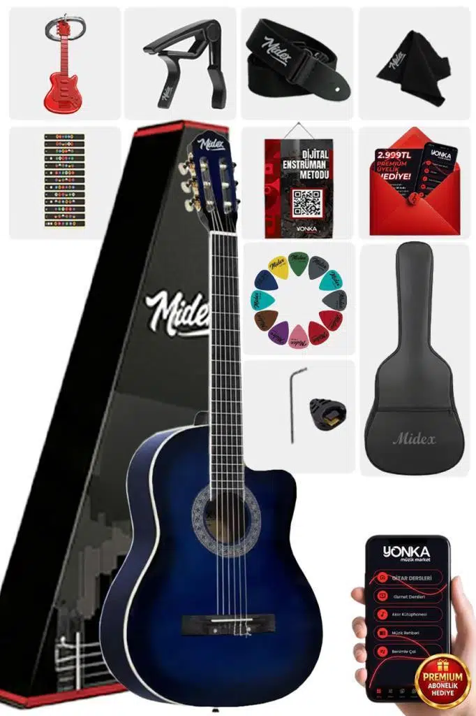 Midex MGX-100BL-BAG Üst Seviye Klasik Gitar 4/4 Sap Ayarlı (Tuner Çanta Askı Capo Metod Pena) Midex MGX-100BL-BAG Üst Seviye Klasik Gitar 4/4 Sap Ayarlı (Tuner Çanta Askı Capo Metod Pena)