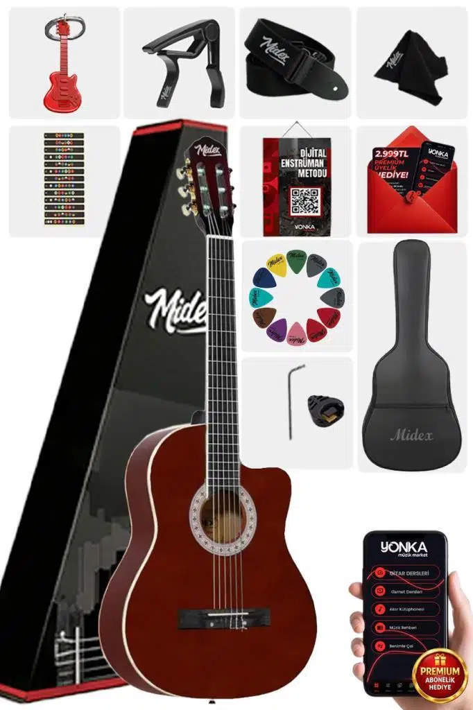 Midex MGX-100BRW-BAG Üst Seviye Klasik Gitar 4/4 Sap Ayarlı (Tuner Çanta Askı Capo Metod Pena) Midex MGX-100BRW-BAG Üst Seviye Klasik Gitar 4/4 Sap Ayarlı (Tuner Çanta Askı Capo Metod Pena)
