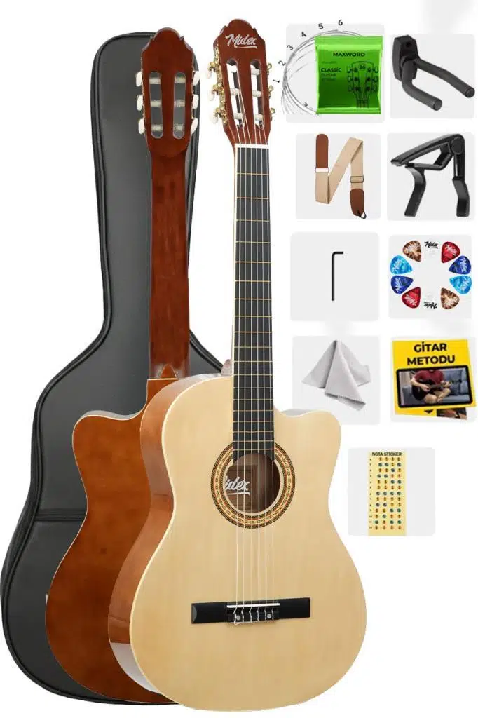 Midex MGX-100CR Üst Seviye Klasik Gitar 4/4 Sap Ayarlı (Çanta Askı Capo Metod Pena)