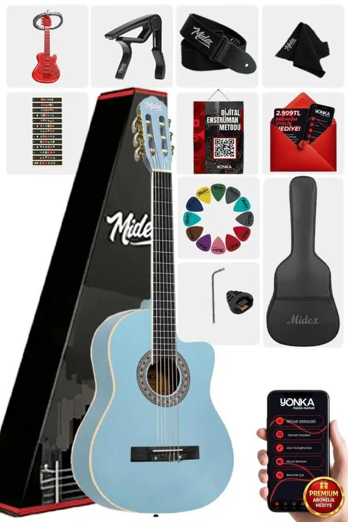 Midex MGX-100LTB-BAG Üst Seviye Klasik Gitar 4/4 Sap Ayarlı (Tuner Çanta Askı Capo Metod Pena) Midex MGX-100LTB-BAG Üst Seviye Klasik Gitar 4/4 Sap Ayarlı (Tuner Çanta Askı Capo Metod Pena)