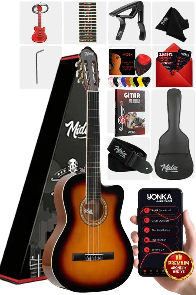 Midex MGX-100SB Üst Seviye Klasik Gitar 4/4 Sap Ayarlı (Çanta Askı Capo Metod Pena)