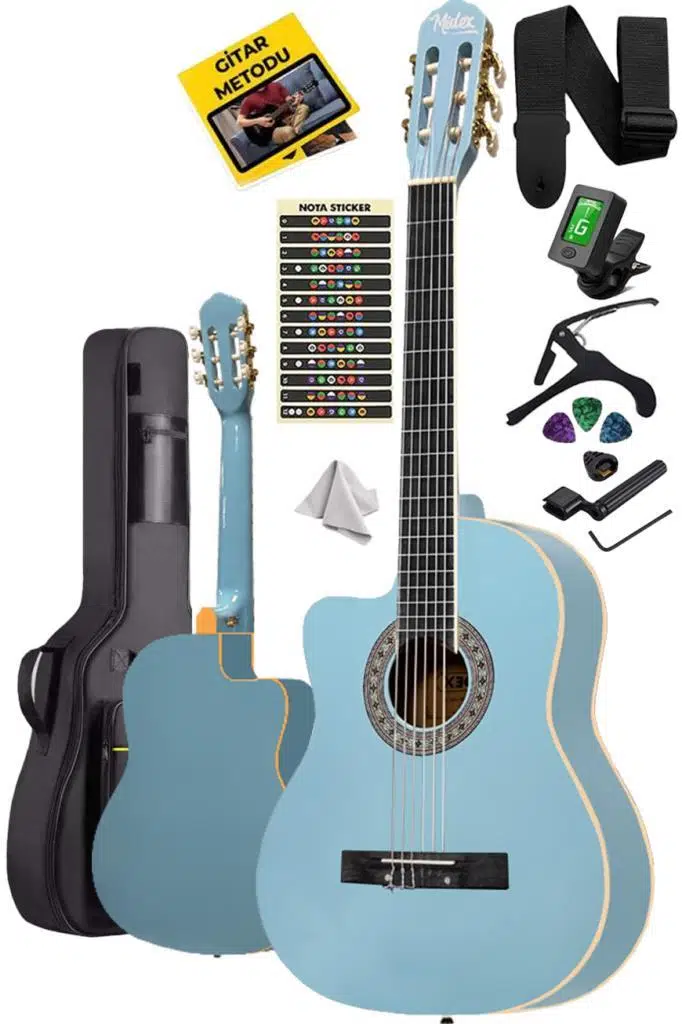 Midex MGX-101LTB Üst Kalite SOLAK Klasik Gitar Açık Mavi Sap Ayarlı 4/4 Yetişkin