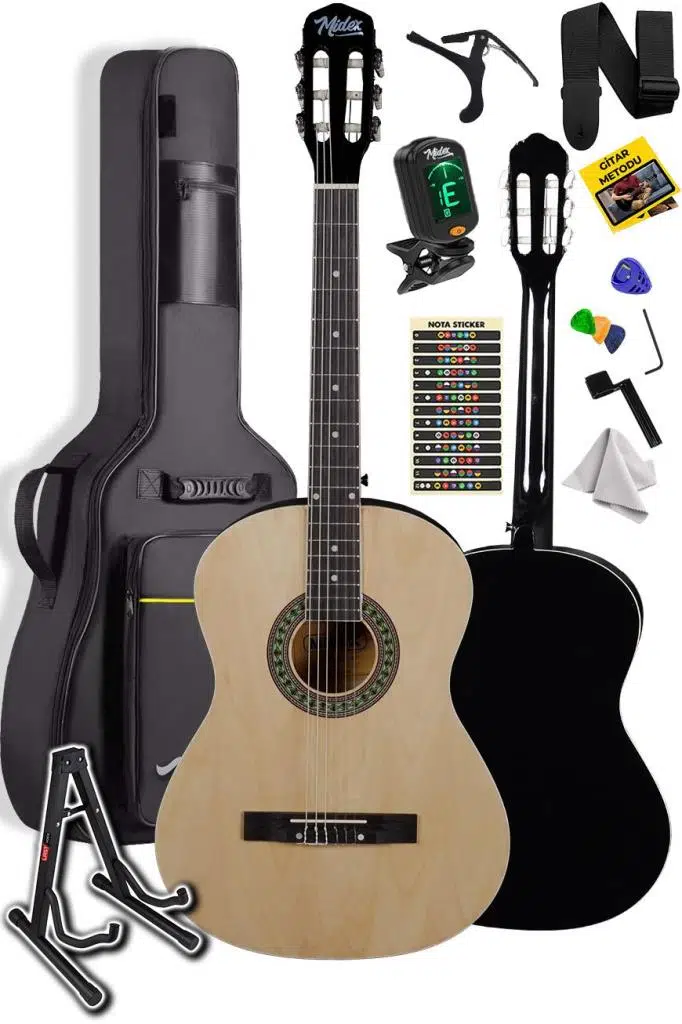 Midex MGX-150-ST Üst Kalite Klasik Gitar Sap Ayarlı Doğal Ahşap Gül Klavye 4/4 Yetişkin (Çanta Stand Tuner Capo Askı Metod Pena)