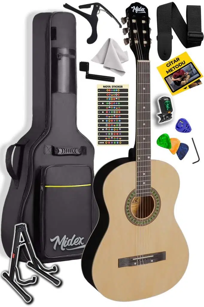 Midex MGX-150-ST Üst Kalite Klasik Gitar Sap Ayarlı Doğal Ahşap Gül Klavye 4/4 Yetişkin (Çanta Stand Tuner Capo Askı Metod Pena)