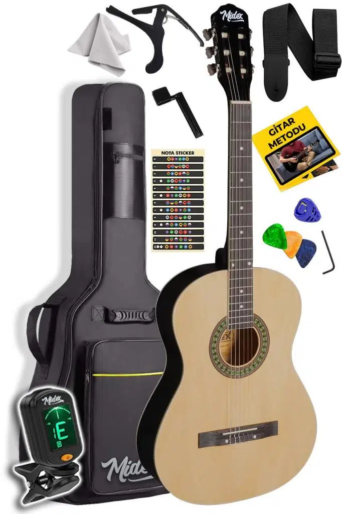Midex MGX-150 Üst Kalite Klasik Gitar Sap Ayarlı Doğal Ahşap Gül Klavye 4/4 Yetişkin