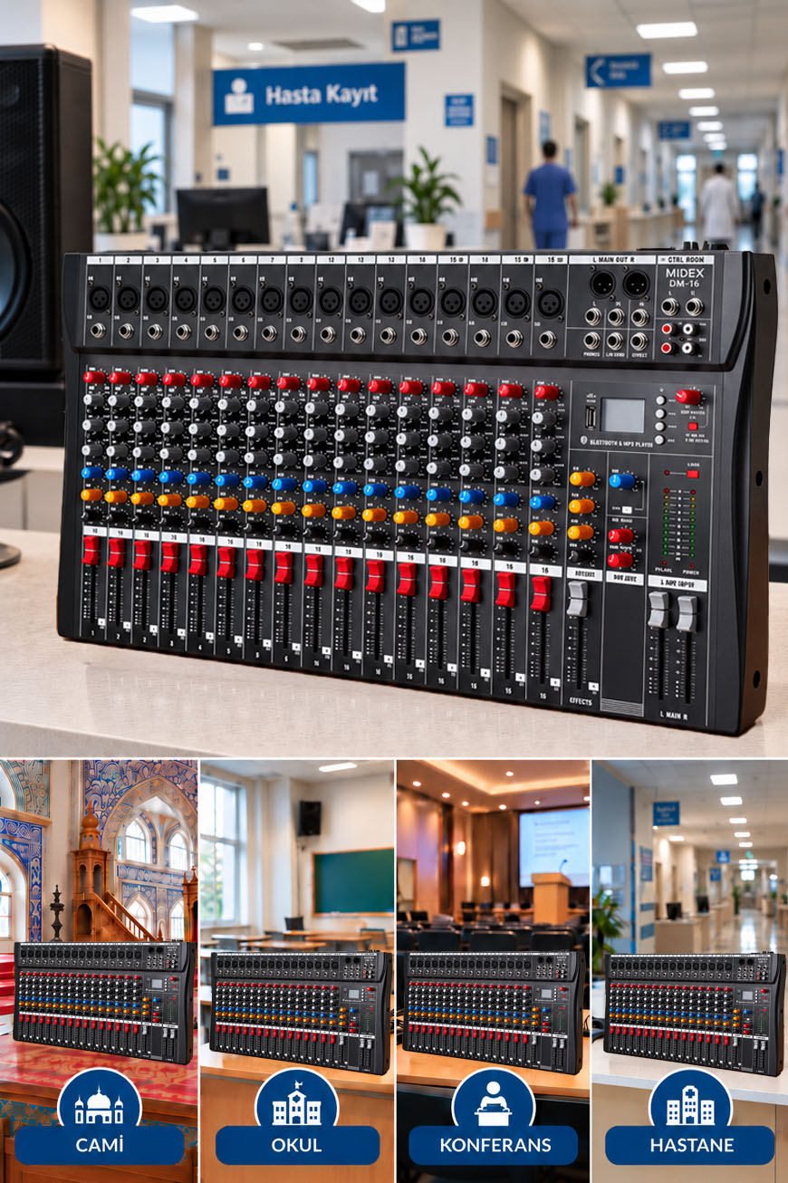 Midex Mix DM-16 Deck Mikser 16 Kanal Ses Mikseri (Bluetooth USB Efekt)
