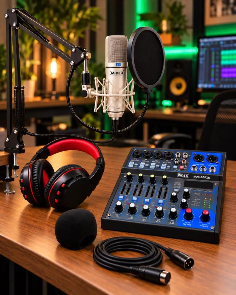 Midex Mix Paket-4 Stüdyo Youtuber Podcast Kayıt Ekipman Seti CX1 Mikrofon MDX-06FXU Mixer
