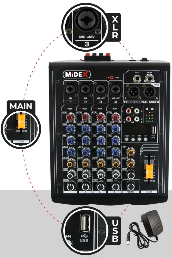 Midex MP-400 Amfili Power Mikser 2x200 WATT 4 Kanal (Bluetooth USB Efekt Kayıt) Midex MP-400 Amfili Power Mikser 2x200 WATT 4 Kanal (Bluetooth USB Efekt Kayıt)