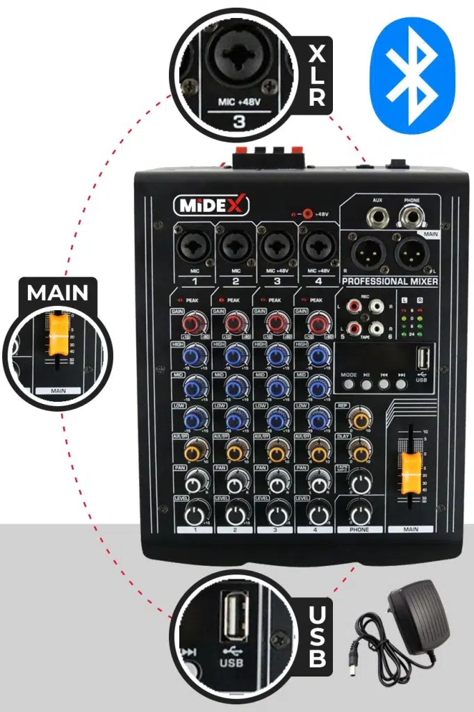 Midex MP-400 Amfili Power Mikser 2x200 WATT 4 Kanal (Bluetooth USB Efekt Kayıt) Midex MP-400 Amfili Power Mikser 2x200 WATT 4 Kanal (Bluetooth USB Efekt Kayıt)