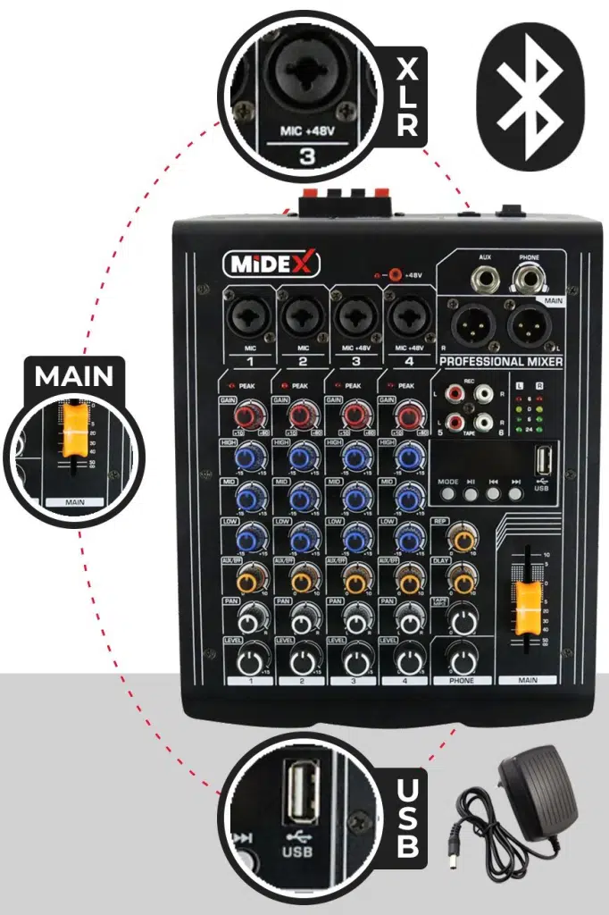 Midex MP-400 Amfili Power Mikser 2x200 WATT 4 Kanal (Bluetooth USB Efekt Kayıt) Midex MP-400 Amfili Power Mikser 2x200 WATT 4 Kanal (Bluetooth USB Efekt Kayıt)