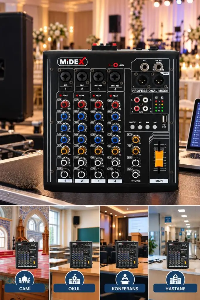 Midex MP-400 Amfili Power Mikser 2x200 WATT 4 Kanal (Bluetooth USB Efekt Kayıt)