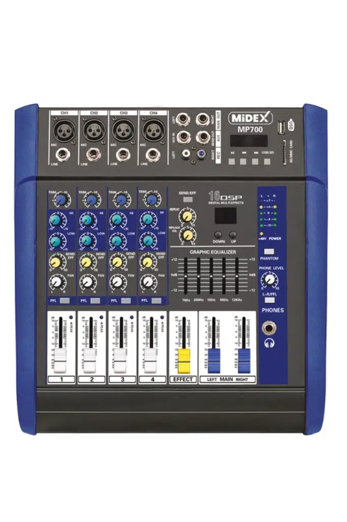 Midex MP-700 Amfili Power Mikser 2x350 WATT 4 Kanal Dsp Efekt EQ Usb Midex MP-700 Amfili Power Mikser 2x350 WATT 4 Kanal Dsp Efekt EQ Usb