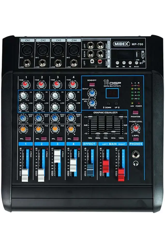 Midex MP-700 Amfili Power Mikser 2x350 WATT 4 Kanal Dsp Efekt EQ Usb
