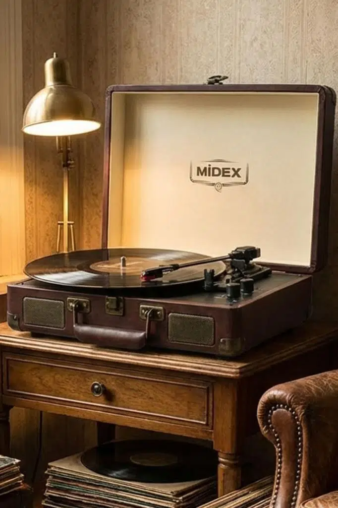 Midex Mtx-101CR Nostaljik Retro Pikap Plak Çalar (Şarjlı Bluetooth Aux Hoparlörlü 3 Devir) İğne Dahil Midex Mtx-101CR Nostaljik Retro Pikap Plak Çalar (Şarjlı Bluetooth Aux Hoparlörlü 3 Devir) İğne Dahil