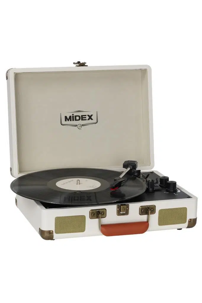 Midex Mtx-101WH Nostaljik Retro Pikap Plak Çalar (Şarjlı Bluetooth Aux Hoparlörlü 3 Devir) İğne Dahil Midex Mtx-101WH Nostaljik Retro Pikap Plak Çalar (Şarjlı Bluetooth Aux Hoparlörlü 3 Devir) İğne Dahil
