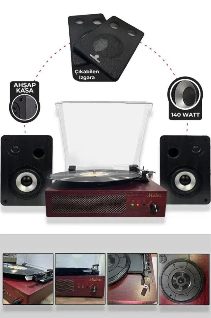 Midex Mtx-303 Nostaljik Pikap Plak Çalar (Şarjlı Bluetooth Aux Hoparlörlü 3 Devir) İğne Dahil