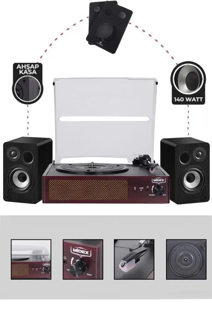 Midex Mtx-303S SET Nostaljik Pikap Plak Çalar ve Hoparlör Ses Sistemi (Bluetooth USB)