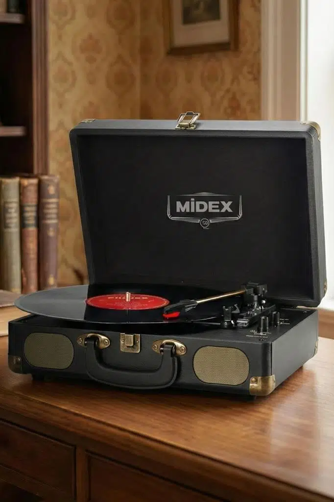 Midex Mtx101BK Nostaljik Retro Pikap Plak Çalar (Şarjlı Bluetooth Aux Hoparlörlü 3 Devir) İğne Dahil